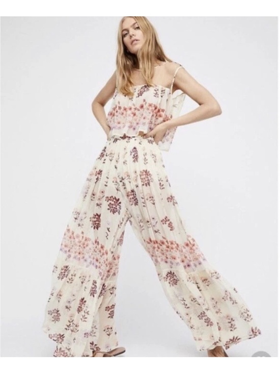 Free People Pants - Free People Cream Floral Wide-Leg Palazzo Pants